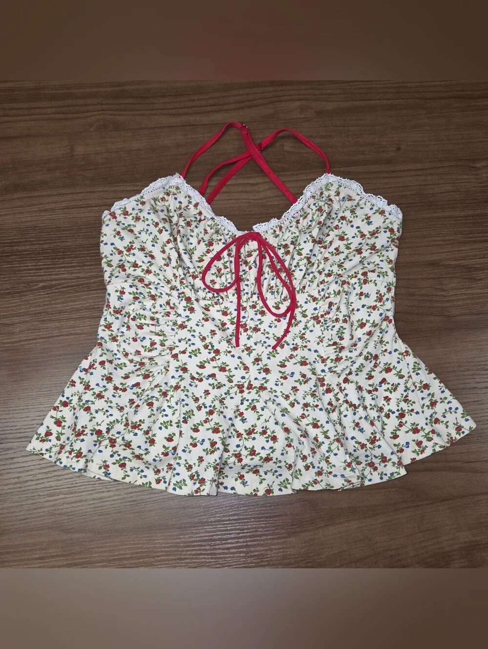 Free People Sammi Floral Peplum Cami Tank Top with Red Bow Sz Medium